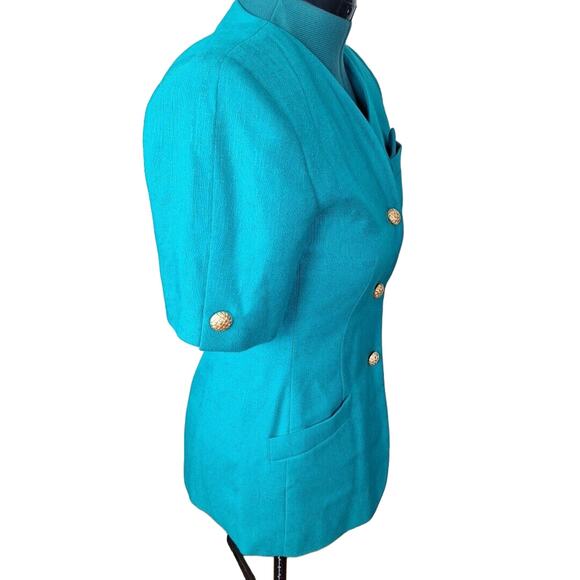 Vintage 80s/90s Teal Short Sleeve Gold Button Blazer Jacket Size Medium Career - Picture 2 of 8
